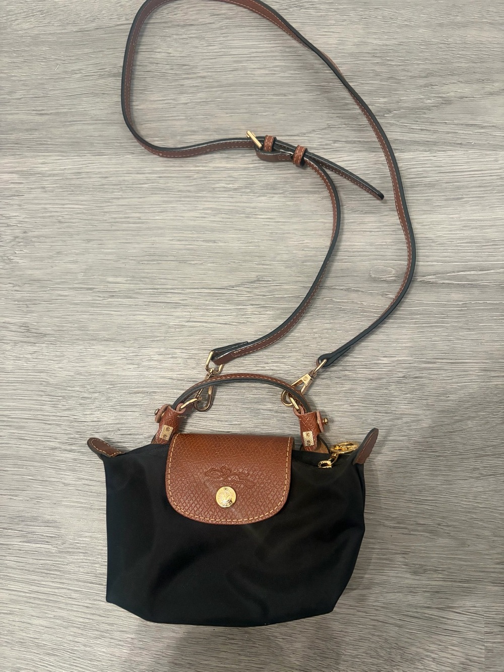 Longchamp Black Nylon Crossbody with Brown Leather Trim
